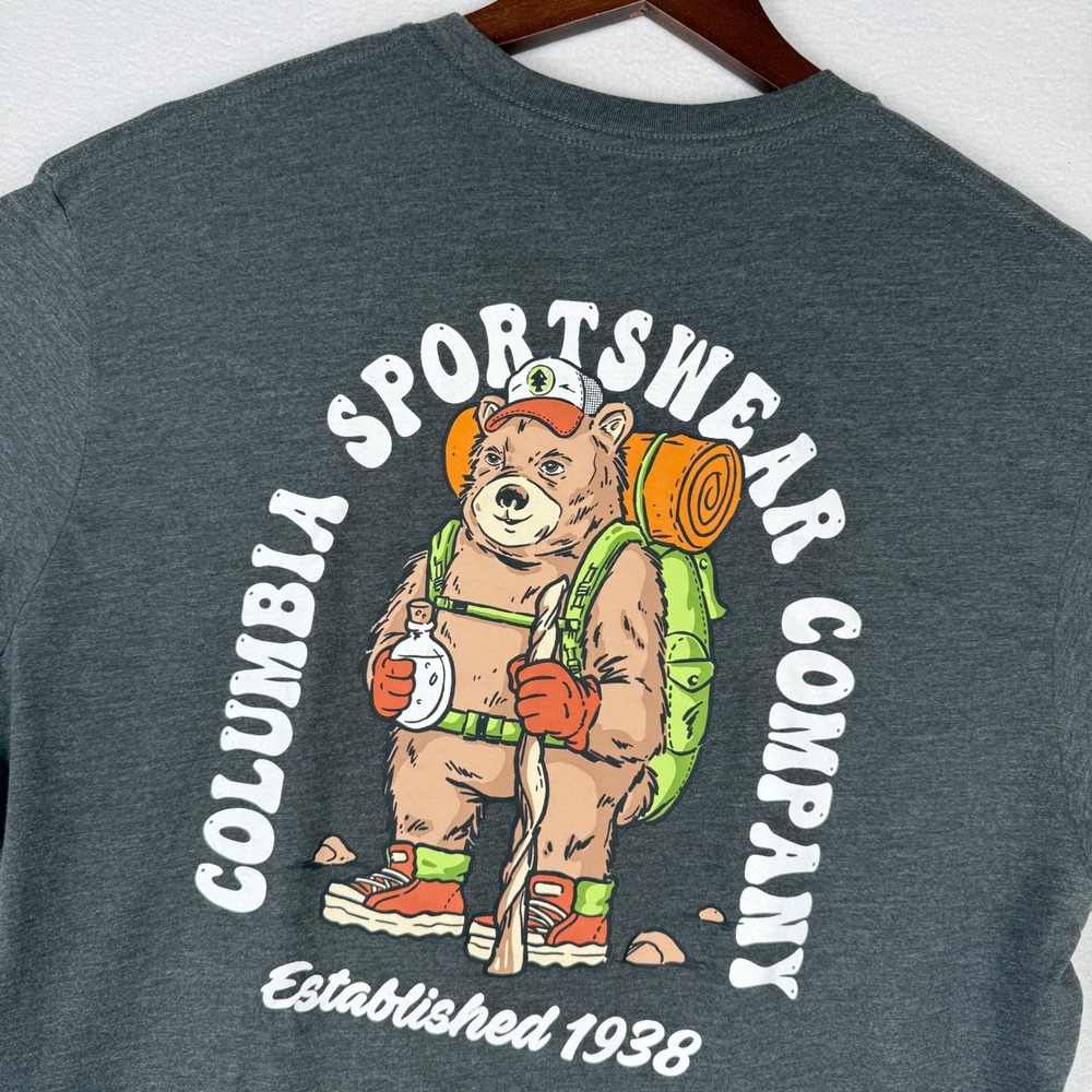 Columbia Mens L Hiking‎ Bear Graphic T-Shirt Charcoal Gray Short Sleeve